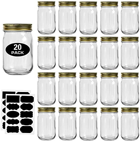 12oz Glass Jars With Lids Regular Mouth 20 Pack -Mason Jars 12 oz For Crafts, Meal Prep, Canning Jars For Food Storage Frascos De Vidrio Con Tapa Para Conservas-with 20 Chalkboard Stickers-Gold Lid