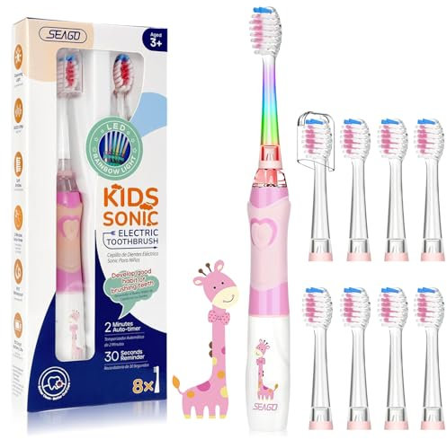 Seago Enfants Brosse À Dents Électrique pour 3-12 Ans avec Minuteur Intelligente et Lampes à LED de Couleur et 8 Douces Têtes de Brosse pour Kids Filles et Garçons SGEK6/SG977 (Rose FR)