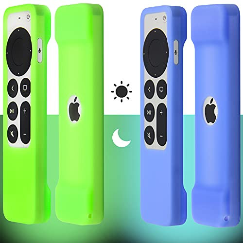Pinowu - Funda para mando a distancia (brilla en la oscuridad) compatible con Apple TV Siri Remote 2021 (2ª generación), cordón incluido, funda antideslizante (verde y azul)