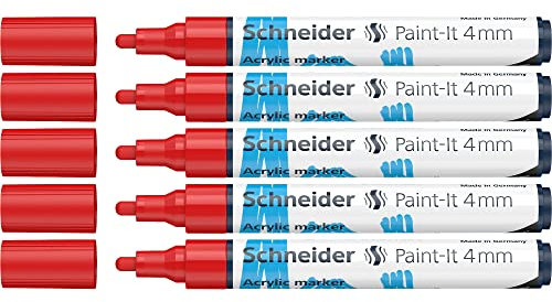 Schneider Paint-It 120202 - Pennarelli acrilici con punta rotonda da 4 mm, colori acrilici ad alta copertura per legno, tela, pietra, ecc., confezione da 5 pezzi, colore: Rosso