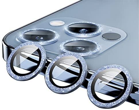 qichenlu Pack of 6 2 Sets Camera Lenses Glass with Aluminium Edge Compatible with iPhone 13 Pro/iPhone 13 Pro Max, Single Lens Cover Metal Frame (Sparkle Blue) Rear Camera Protective Film