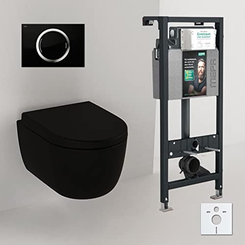 Spülrandloses Hänge Wc mit Spülkasten I Randloses Hänge WC Komplettset Schwarz Matt 49cm I Wand WC ohne Spülrand mit MEPA nextVIT Vorwandelement und Zero Betätigungsplatte