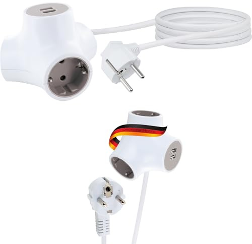 SCHWAIGER Steckdosenwürfel I Mehrfachstecker mit 2X USB-A & 3X Haushaltssteckdose I Verteilerwürfel mit Verlängerungskabel 1,4 m I USB-Ladeadapter für 230 V Steckdosen I kompakter Steckdosenadapter