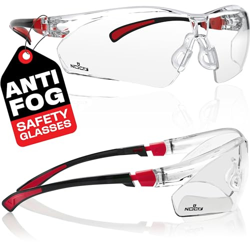 NoCry Gafas de seguridad con lentes transparentes antivaho resistentes a los arañazos y agarres antideslizantes, protección UV. Marco ajustable, negro y rojo (paquete de 10)