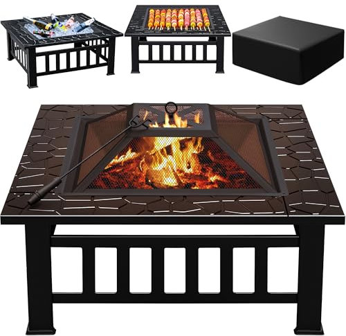 Greesum Multifunktionaler Terrassen-Feuerstelle, 81,3 cm, quadratischer Metall-Grill-Feuerstelle, Herd, Hinterhof, Gartenkamin mit Funkenschutzdeckel und Regenschutz, für Camping, Outdoor-Heizung,