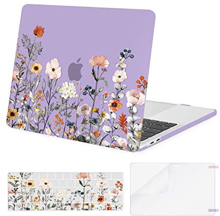 MOSISO Kompatibel mit MacBook Pro 13 Zoll Hülle M2 M1 2026 2025 2024-2016 A2338 A2289 A2251 A2159 A1989 A1706 A1708, Kunststoff Garten Blumen Hartschale&Tastaturschutz&Displayschutzfolie, Violett