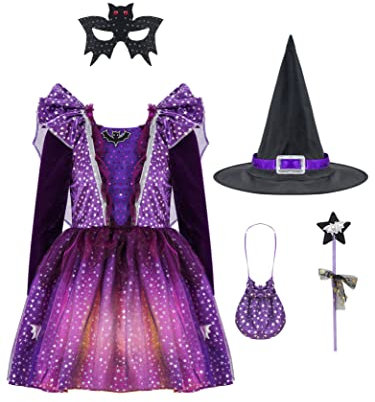Hedmy Kinder Mädchen Halloween Hexe Kleid Hexenhüte Zauberstab Magic Prinzessin Kleid Fasching Karneval Party Verkleidung Lila mit Lichter 122-128