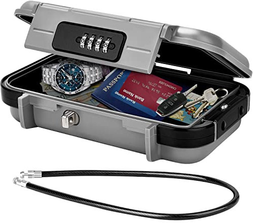 WACCET Caja Fuerte Portátil, Caja Seguridad Combinacion Caja Fuerte de Viaje con Cuerda de Alambre Extraíble Impermeable Mini Caja Fuerte para el Hogar, Oficina, Hotel, Viajes, etc. (Gris.)