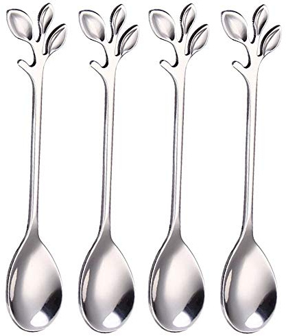 10 Pack Stainless Steel Leaf Coffee Spoon Tableware Dessert Spoons, Stirring, Mixing, Sugar, Stir, Ice Cream, Cake, Teaspoon 4.7 inch Silver
