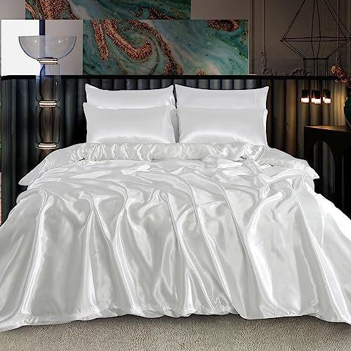 ROOEE Set completo di biancheria da letto in raso di seta, 6 pezzi, lenzuolo con angoli, copripiumino, 4 federe. Colore: bianco, misura king size
