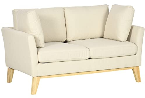 HOMCOM Divano da 2 Posti in Legno di Eucalipto e Tessuto Effetto Lino,Divanetto 2 Posti con 2 Cuscinetti Piccoli per Soggiorno e Camera da Letto, 137x78x78 cm, Beige