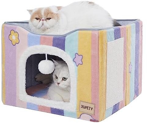 Jiupety Faltbares Katzenhaus Indoor, Katzenhöhle 2 Schicht Würfel Großer Raum Katzenbett für 2 Katzen, Katzenbett mit Kratzbrett und Spielball, Cat Bed 44L x 44W x 36H cm, Regenbogen