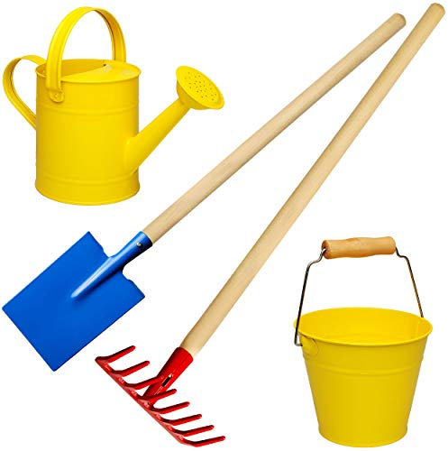 alles-meine.de GmbH 4 TLG. Set: Kinder Eimer + Gießkanne + Spaten/Schaufel + Rechen/Harke - aus Holz & Metall - gelb & bunt - 80 cm lang - stabile Gartengeräte/Gartenset - ..