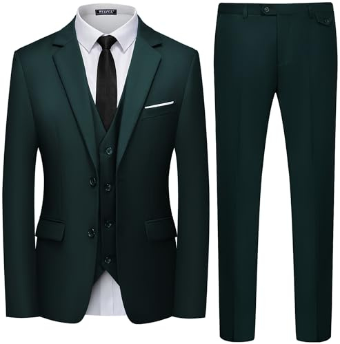 WULFUL Men's 3 Piece Slim Fit Suit Set Two Button Blazer Jacket Vest Pants Tuxedo Set for Party, Wedding and Business Blackish Green