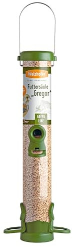 Welzhofer Vogel Futtersäule Green Line Gregor - Vogelfutterspender & Futterstation für Wildvögel - 4 Sitzringe, 1,5 Liter Kapazität, 69mm Innendurchmesser für alle Futterarten
