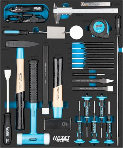 Set di utensili HAZET 163D-12/30, 30 pezzi, incl. scalpello, punzone, raschietto piatto, martello di plastica, mirino magnetico, specchio telescopico, martello da fabbro, spessimetro.