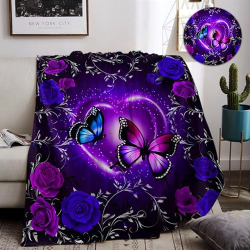 Manta de Mariposa de Peluche Suave Rosa púrpura Flor Franela Tirar Patrón, Manta púrpura para niños (A, 150x200cm)
