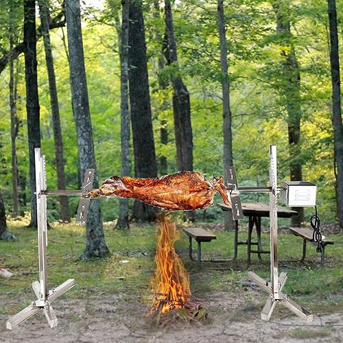 Miuxe Rôtissoire Électrique Automatique 15W BBQ Set Rôtissoire en Acier Inoxydable avec Trépied, Fourchette De Moteur Portable, Kit De Charbon De Bois pour La Fête, Le Camping Et Le Carnaval