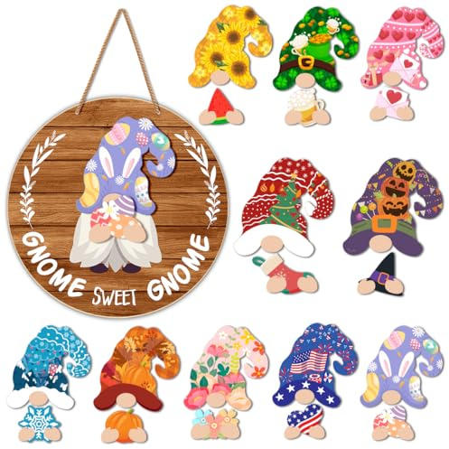 Interchangeable Gnome Welcome Sign Summer Patriotic 4th of July Door Decoration, Changeable Seasonal Front Porch Decor Wood Wreath Gnome Gifts for Spring Fall Winter All Seasons Holiday, Light Brown