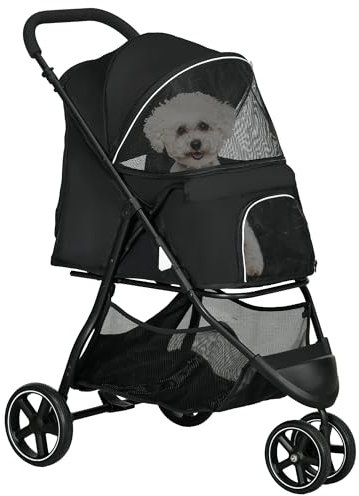PawHut Hundebuggy, faltbarer Haustier-Katzenbuggy, 2 Leinen, EVA-Räder, verstellbarer Lenker, Korb, 83 x 55 x 101 cm, schwarz