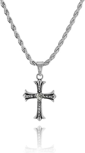JVillion Vintage Kreuz Halskette Herren 3mm Rope Kette Silber Streetwear Schmuck religiöses Design Geschenk Männer