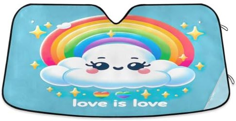 LGBT Auto-Windschutzscheiben-Sonnenschutz, Motiv: Cartoon-Wolke mit Regenbogen, faltbar, hält Ihr Fahrzeug kühl, blockiert UV-Strahlen, Sonnenreflektor, Auto-Sonnenschutz, 134,6 x 59,7 cm