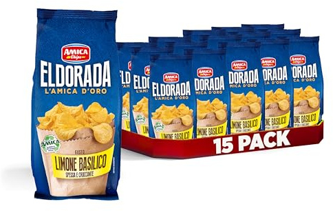AMICA Chips - Eldorada Patatine Limone e Basilico, 15 Confezioni da 130g | Lenta Cottura, Taglio Spesso e Croccante, Senza Glutine