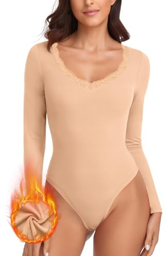 WOWENY Body da donna termico a maniche lunghe elegante con pizzo, scollo a V, in pile, caldo e comodo, beige., M