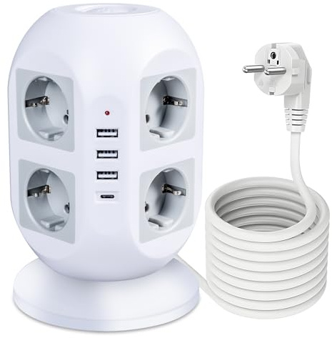 Carehabi 8 Fach Mehrfachsteckdose mit 3 USB+1 Type C, Steckdosenleiste mit 2M Steckerleiste, Steckdosenturm Verteilersteckdose für Zuhause