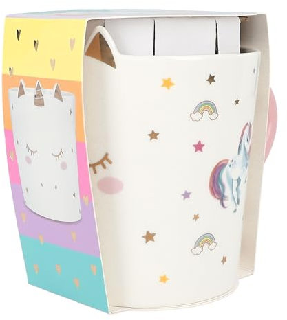 Depesche 13069 Ylvi Mug bianca con stampa e scritta unicorno dorata, tazza in porcellana con manico rosa, capacità circa 300 ml, Multicolore