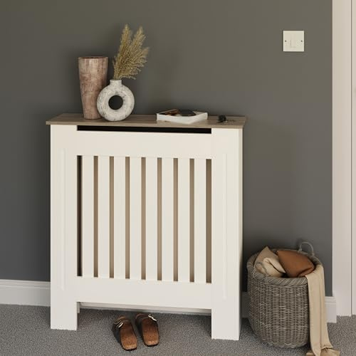 GFW Longslow Small Radiator Cover with Vertical Slatted Design, Top Display Shelf, Durable Finish and Modern Radiator Cabinet, White | GRADED
