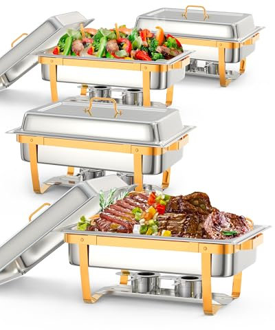 Chafing Dish Buffet Set, 8 QT 4 Pack, Rectangle Chafing Dishes for Buffet w/Lid Holder, Stainless Steel Chafer Food Warmers Servers for Kitchen Party Banquet Dining, Gold