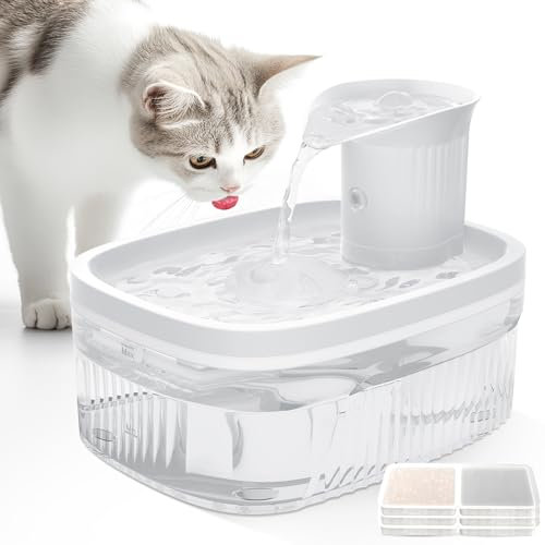 CAWJUG 2.5L Trinkbrunnen für Katze Kabellos, Katzenbrunnen Kabellos mit Bewegungssensor, Batteriebetrieben katzentrinkbrunnen, 2200mAh, Leise Wasserpumpe, Weiß