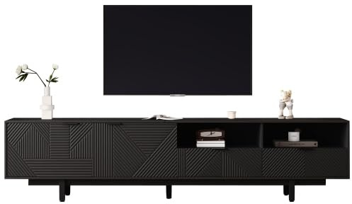 HAINEW TV Schrank TV Lowboard mit 2 Türen und 2 Schubladen, Moderner 200cm Lang TV Tisch Fernsehtisch Fernsehschrank mit 2 Offenes Fach und Metallbeine, 200×40×51cm (Schwarz)