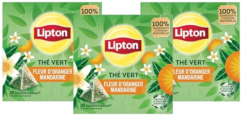 Lipton Thé Vert à la Fleur d'Oranger et Mandarine, 60 Sachets Pyramidaux, 100% Ingrédients Naturels
