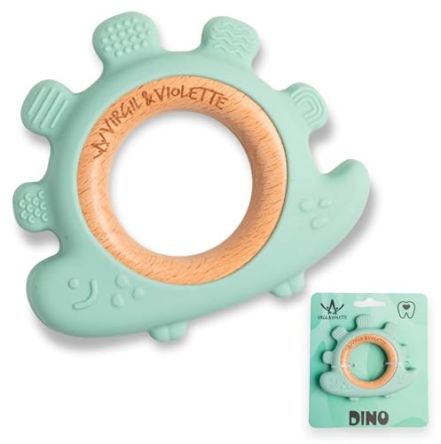 Virgil & Violette – Beißring Baby aus BPA-freiem Silikon und Holz, Zahnungshilfe ab 0 Monaten, strukturierter Greifring zur Zahnfleischmassage, Geschenk zur Geburt (Dino)