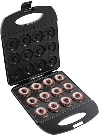 Donut Maker Elektrisch 1200W – 12 Donuts auf einmal, Doppelseitige Heizung, Antihaft-Beschichtung, 220-240V, Kompakt & Leicht (Schwarz/Silber) – Ideal für Haushalt, Café & Party