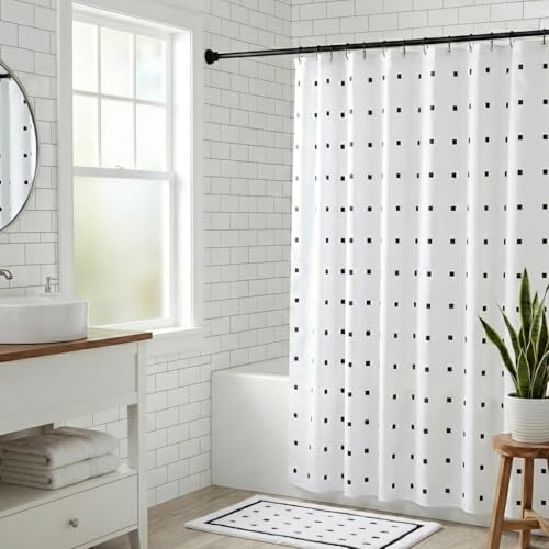 Croydex Rideau de Douche Blanc à Pois Noirs - 100% Polyester avec Ourlet lesté, Lavable en Machine et revêtement Hydrofuge Proseal 1800 x 1800 mm