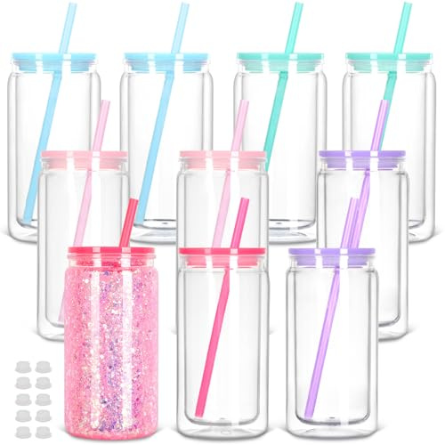 Tswofia Lot de 10 gobelets en plastique pré-percés à double paroi avec couvercle et paille - 473 ml - Pour boule à neige pailletée - Couleurs mélangées