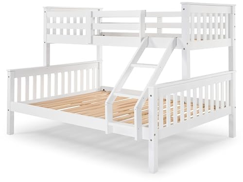 Buyqualia - Litera de Madera Blanca 150x204x147 cm | Cama Matrimonial e Individual (135x190 Abajo y 90x190 Arriba) | Estructura Robusta con Escalera y Baranda de Seguridad
