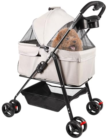 Poussette Pliable pour Chats et Petits Chiens, Chariot de Transport avec Fenêtre en Filet, Panier de Rangement, Capacité 20 kg, Noir (gris)