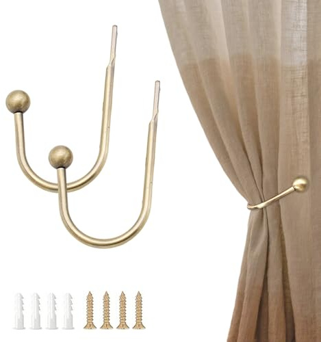 2 Pcs Metal Curtain Holdbacks Brass Curtain Hold Backs Metal Tie Backs For Curtains Retro U-Shaped Wall Mounted Curtain Tieback Decorative Drapery Holder With Screws Curtain Tie Backs Hooks Gold
