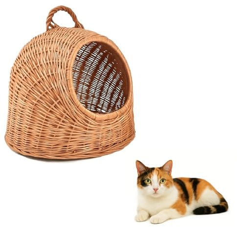 QLS Hunde- Katzenkorb aus Weide 40 x 34 x 35 cm mit Griff Handgeflochten | Natürlicher Rückzugsort für Katzen und kleine Hunde, stabile Handarbeit aus Naturweide mit praktischem Tragegriff