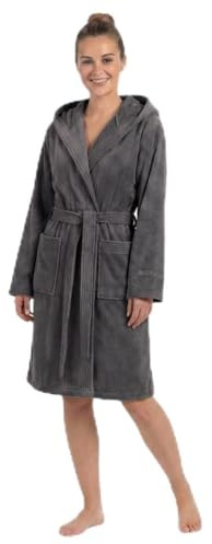 SIEGENTHAL® Damen Bademantel Frottee Velours aus 100% Baumwolle mit Kapuze, kurzer knielanger Morgenmantel, samtweich Saunamantel, Hausmantel, Wellness Bademantel, Dunkelgrau, S-M