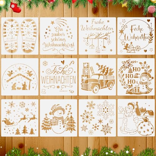 12 Stück Schablonen Weihnachten,Zeichenschablonen Malschablonen aus Kunststoff,Frohe Weihnachten Schablonen für Scrapbooking, Kunst Zeichnung, Fenster Sprühen,Christmas Painting Template