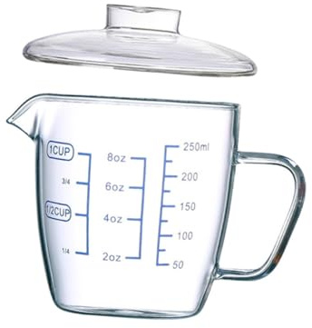 DECOMELODY 250ml Bicchiere Resistente al Calore di Vetro con Coperchio | Scala Graduata, Bordi Lisci, per Bevande e Gelato, Adatto a Riunioni e Compleanni