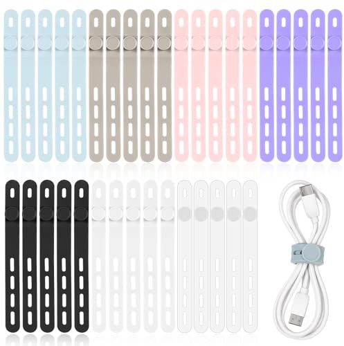TIESOME 35 Pcs Silicone Cable Ties, Reusable Cables Straps, Small Cable Wire Ties for Earphones Phone Chargers Audio Computer, Color Coded 7 Colors, Flexible Durable Cord Organizers