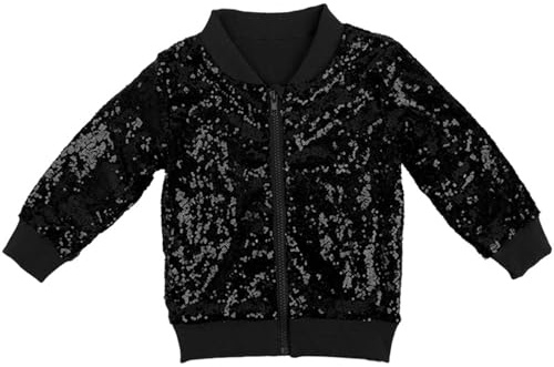 Generisch Blouson à paillettes pour fille - Couleur unie - Manches longues - Fermeture éclair - Pour enfants - Noël - Vêtements de mode brillants, Noir , 7-8 ans