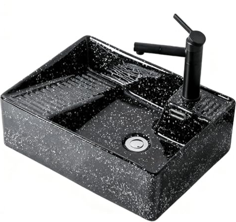 Lavandino da Appoggio per Bagno in Ceramica, Lavello Bagno Rettangolare con Asse da Bucato, Lavatoio Ceramica con Rubinetto e Troppo Pieno per Balcone, Bagno