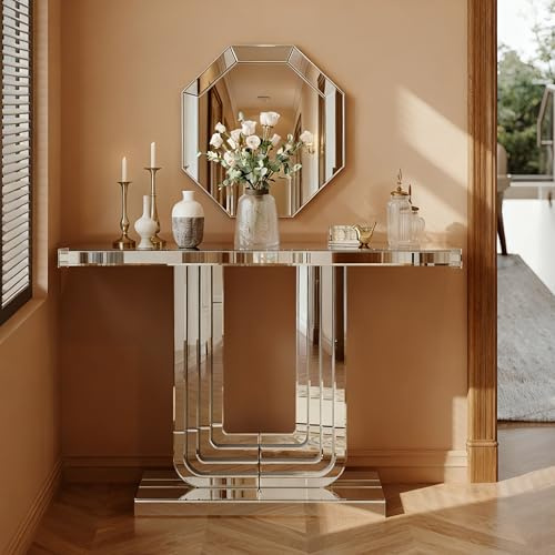 JCFEIDQW Konsolentisch, Frisiertische, Flurtisch, Couchtisch, Stabiler U-Form-Basis, Kratzfest & Leicht zu Reinigen, für Wohnzimmer, Schlafzimmer, Ankleideraum, 120×30×76cm (Silber)